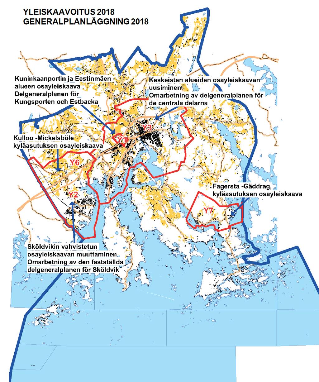 Yleiskaavoitus Generalplaneringen Yleiskaava ohjaa kaupungin yhdyskuntarakennetta ja maankäyttöä yleispiirteisesti.