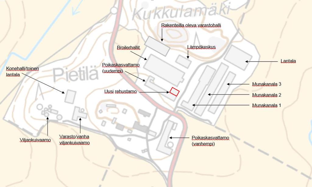 Kuva 4.2 Nykyisten (VE0) tilan toimintojen sijoittelu. 4.2 Yleiskuvaus hankkeesta Nykyisellään (VE0) tilalla kasvatetaan munivia kanoja 128 460, broilereita 60 000 ja kananuorikoita 63 000.