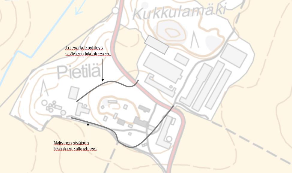 liikenteen sujuvuuden parantamiseksi on suunniteltu uutta linjausta kuvan 8.1 mukaisesti. Linjaus parantaa hiukan myös näkyvyyttä ylitettäessä Filppulantie. Kuva 8.