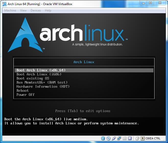 Arch Linux asennusopas Asennan esimerkissä 64-bittisen Arch Linuxin Virtualboxille.