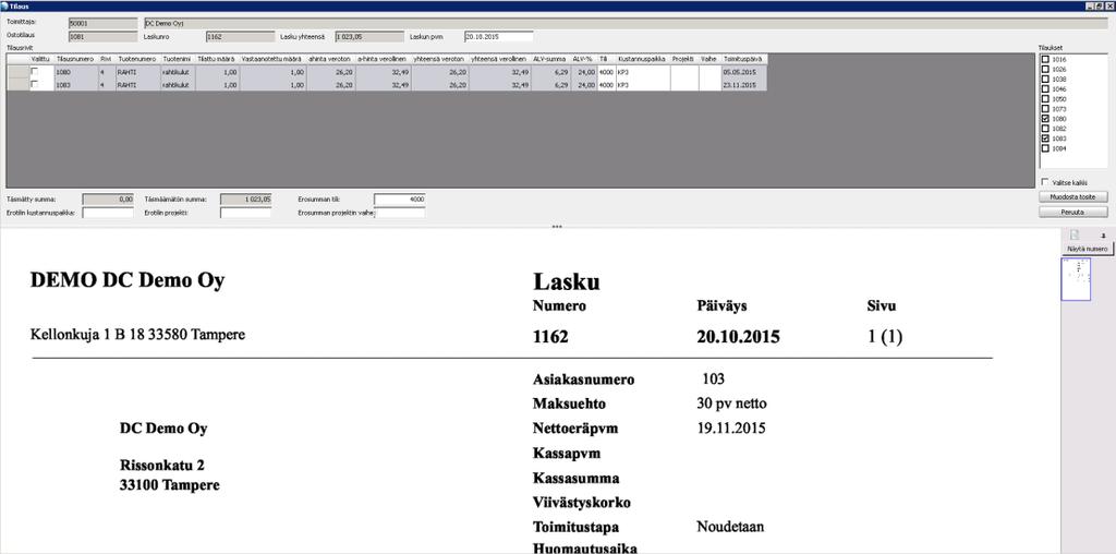 6. Täsmäytysruudulla on yläosassa ostolaskun tietoja ja muutettavana kenttänä Laskun pvm. Ostotilaus-kentässä näkyy Document Centerissä tehty valinta.