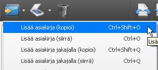 Toiminto löytyy painikkeena ja ylävalikon Tiedosto-valikosta. Yhden asiakirjan tuonti. Toiminto avaa resurssienhallinnan, josta lasku voidaan valita.