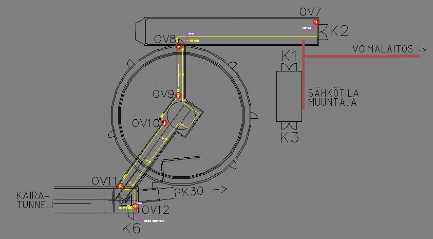 Kuva 10. Puusiilon alakerran CAD-kuva (Raumaster 1999) Olemassa olevien sähkökuvien mukaan puusiilon alakerrasta löytyy yhteensä 6 turvallisen poistumisreitin osoittavaa opastevalaisinta.
