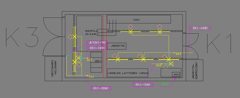 joka muuntaa 20kV keskijännitteen 690V pienjännitteeksi. Sähkötila on jaettu väliseinällä (merkitty kuvassa punaisella) kahdeksi erilliseksi tilaksi vallitsevan jännitteen perusteella. Kuva 13.