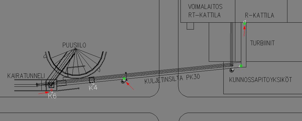 Kuva 15. Kuljetinsilta PK30:n CAD-kuva lisätyillä opastevalaisimilla (Raumaster 1999) Kuljetinsillan PK30 poistumisreitin valaistuksen tarve on kohtalainen.