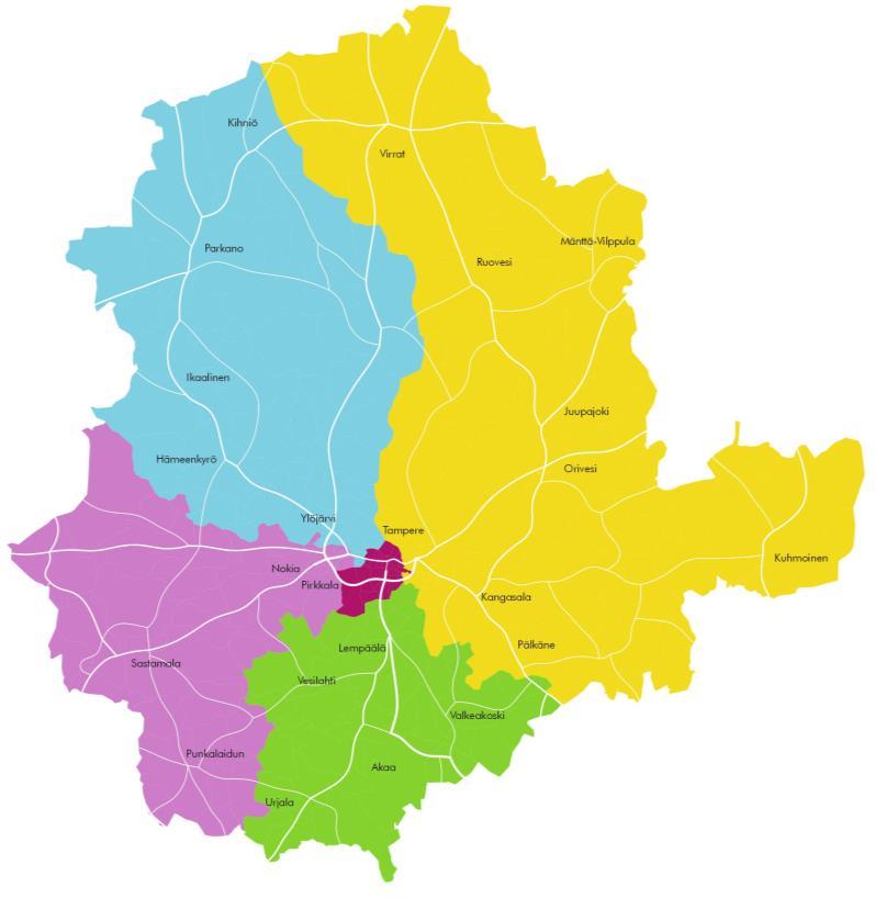 Pirkanmaan sote-palveluiden viiden alueen malli Itä Etelä Kangasala, Pälkäne, Kuhmoinen, Orivesi, Juupajoki, Mänttä- Vilppula, Ruovesi, Virrat ja Tampereen osalta seuraavat alueet: Linnainmaa,