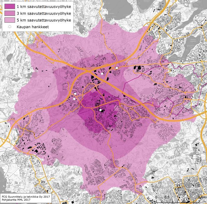 FCG SUUNNITTELU JA TEKNIIKKA OY Loppuraportti 24 (37) Espoon keskuksen saavutettavuutta henkilöautolla on tarkasteltu tieverkkoa pitkin laskettujen saavutettavuusvyöhykkeiden avulla.