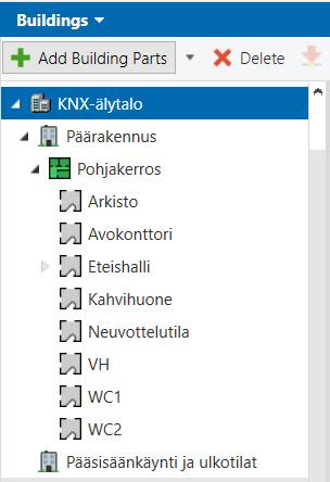 Buildings-paneeli Voidaan määritellä kaikki projektiin liittyvät tilat Rakennus