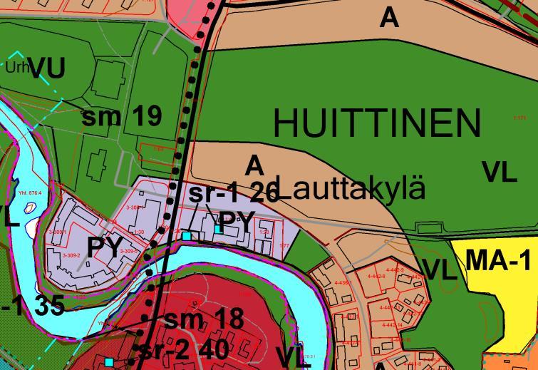 Sivu 4 / 9 Ote Huittisten keskustan osayleiskaavasta (2011,2014), 1:5 000, alustava suunnittelualuerajaus valkoisella Asemakaava: Kivirannan peltoalue on osittain asemakaavoittamaton ja osittain