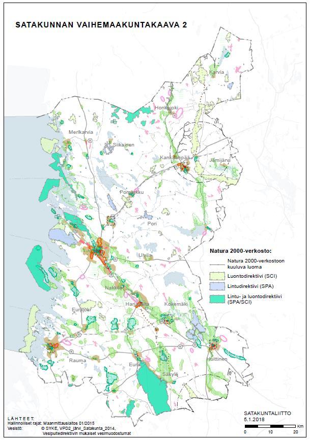 Kuva 9. Satakunnan vaihemaakuntakaavan 2 ehdotuksen suhde Natura 2000-verkostoon kuuluviin alueisiin.