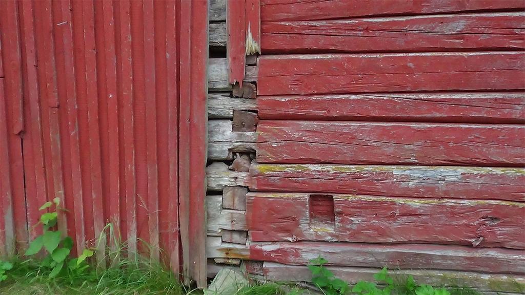 Väliseinä on liukunut hieman sivuun. Alin hirsi on osittain maaperässä kiinni ja lahonnut.