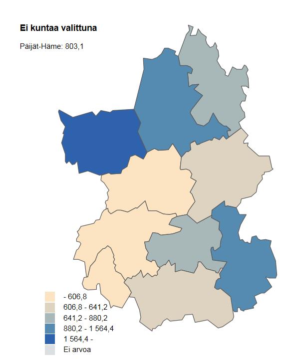 Perusterveydenhuollon vuodeosastohoidon hoitopäivät / 1000 asukasta, 2016 Sysmä 1564,4 Hartola 581,2