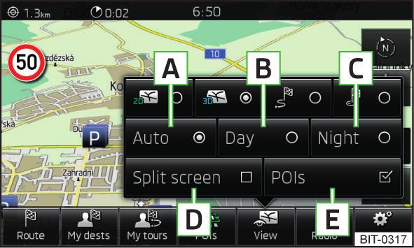 Karttanäkymän vaihtoehdot Lisäikkuna Kuva 33 Karttanäkymän vaihtoehdot Lue ja huomioi ensin ja sivulla 55 Asiayhteydestä navigointikartan näkymävaihtoehtoja voidaan vaihtaa.