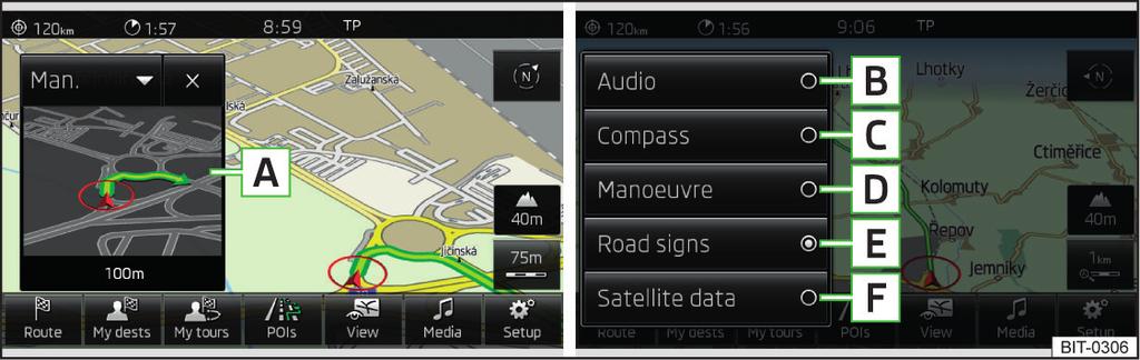 A B C D E 2D - auton sijainnin näyttö 2D-karttanäkymässä 3D - auton sijainnin näyttö 3D-karttanäkymässä Reitin näyttö kartassa (reittilaskennan jälkeen näytetään reittiä auton sen hetkisestä
