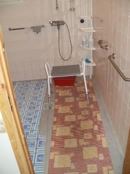 Liikuntarajoitteisen asukkaan wc. Suihkutilan ja pukutilan välisen oven leveys on 660 mm.