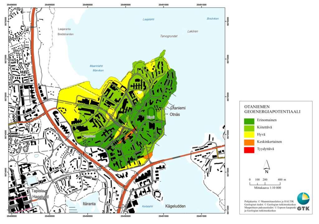 Geoenergiapotentiaali Erinomainen Kiitettävä Hyvä Keskinkertainen Tyydyttävä Kivilaji ja maapeitepaksuus Suuntautunut graniitti ja maapeite 10 m Suuntautunut graniitti ja maapeite > 10 m Homogeeninen