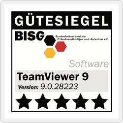 Ulkoisten asiantuntijoiden arviointi Saksan IT-asiantuntijoiden ja tarkastajien liitto (Bundesverband der IT- Sachverständigen und Gutachter e.v., BISG e.v.) on palkinnut ohjelmamme TeamViewer viiden tähden laatusinetillä (korkein arvo).