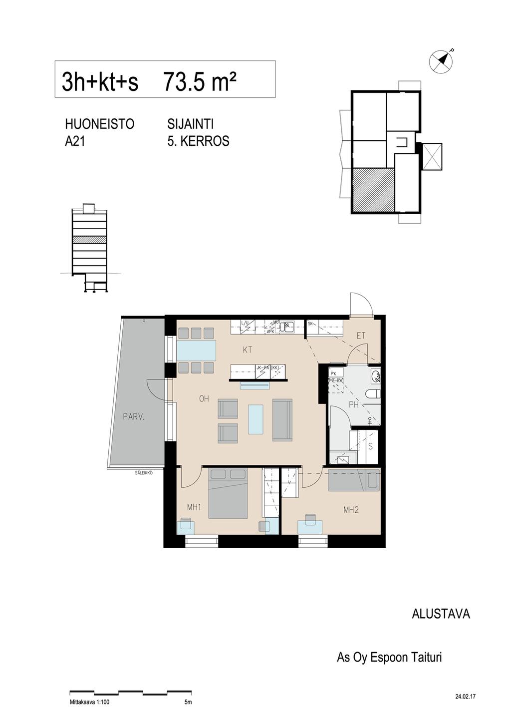 3huonetta + keittotila + sauna 73,5 m2 Valoisa kulmahuoneisto, josta ikkunat kahteen suuntaan Keittiö muodostaa ruokailutilan ja olohuoneen kanssa avaran oleskelutilan Tilavat makuuhuoneet, joihin