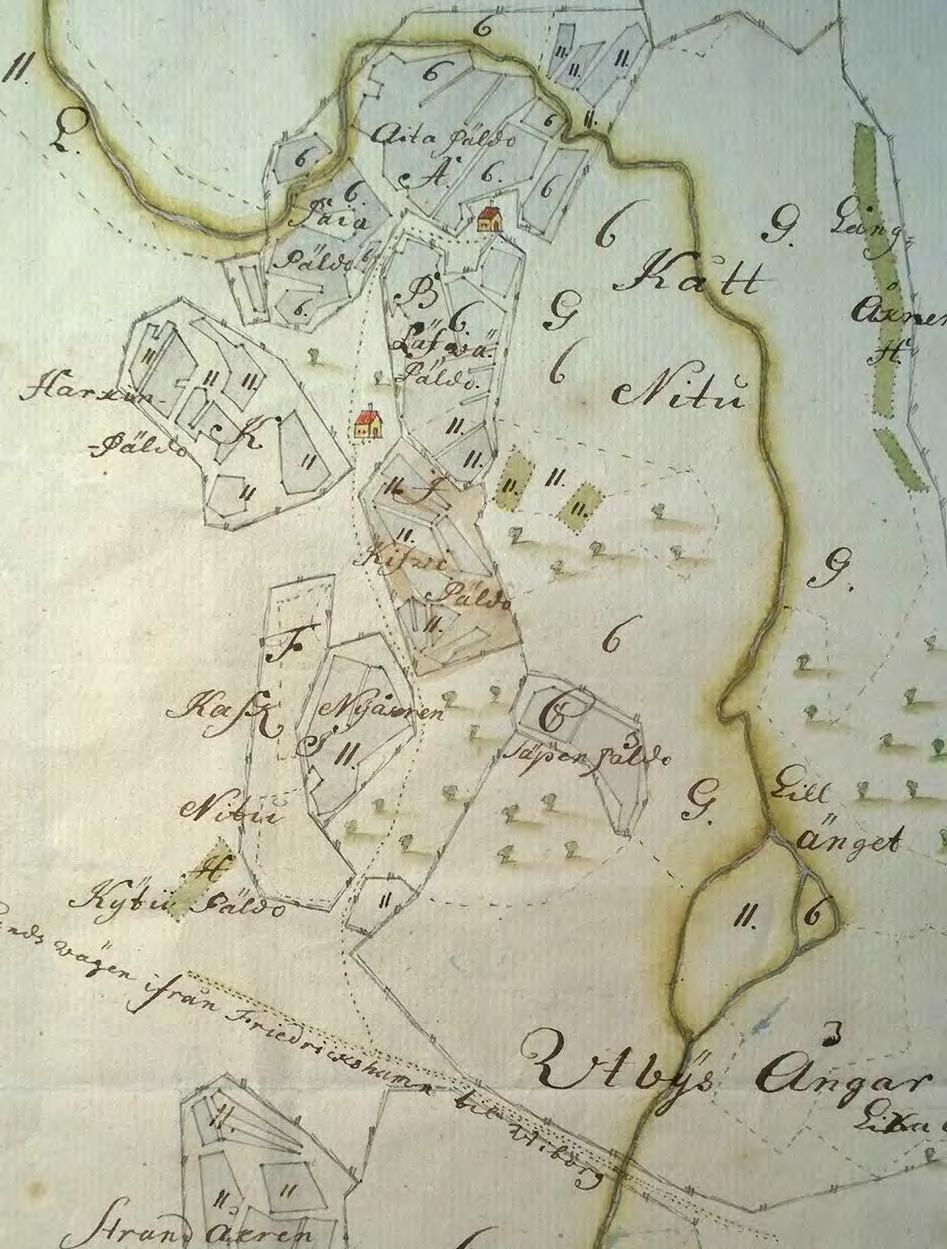 sämaata. Kartta ei kuvaa koko kyläkeskittymää, ja esimerkiksi juuri Koukilan alue on tyhjää aluetta. 5 Ote vuoden 1740 tiluskartasta, jonka alakulmassa Suuri Rantatie ylittää ojan.