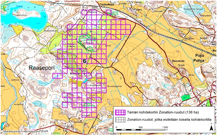 Raasepori, Zonation-aluetunnus 6 RAASEPORI (6) Alue sijaitsee Raaseporin keskiosissa Björsbyn ja Trädbollstadin kylien välissä alueella, joka on eteläosistaan metsän vallassa ja pohjoisessa pääosin