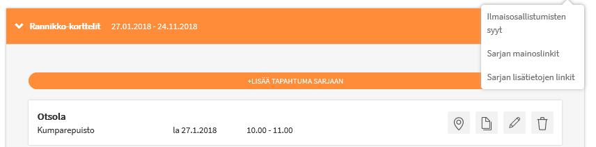 Linkit tapahtumasarjan lisätietoihin Valitse ylemmän oranssin palkin kolme pistettä. Kohtaan Sarjan lisätietojen linkit voit laittaa esim.
