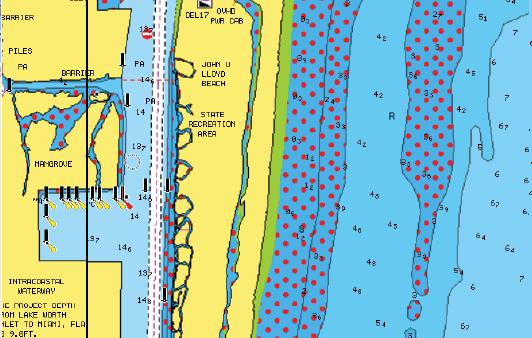 Matalan veden alueita ei ole korostettu Matalan veden korostus: 0 3 m Syvyyden turvaraja Navionics-kartoissa käytetään