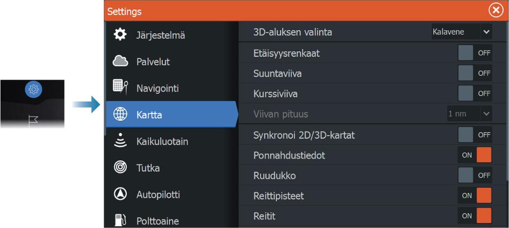 3D-aluksen valinta Määrittää, mitä kuvaketta käytetään 3D-kartoissa. Etäisyysrenkaat Etäisyysrenkaiden avulla voi esittää aluksen etäisyyden muihin paneelissa näkyviin kohteisiin.