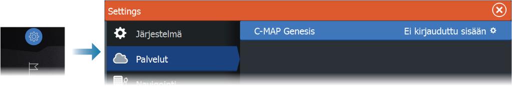 Kaikuluotainlokien lataaminen C-MAP Genesis -palveluun Voit ladata kaikuluotainlokeja C-MAP Genesis -palveluun suorittamalla jonkin alla olevista toimenpiteistä: Käytä Palvelut-valikkoa.