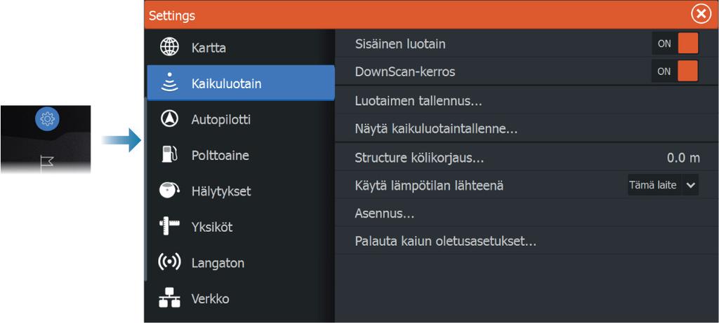 Kaikuluotainasetukset Sisäinen luotain Tällä voit lisätä sisäisen kaikuluotaimen valittavana olevien kaikuluotainten valikkoon.