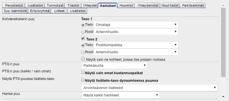 Kohderekisterin asetukset valmiiksi käyttäjälle Pääkäyttäjä pystyy tunnuksien luomisen jälkeen asettamaan