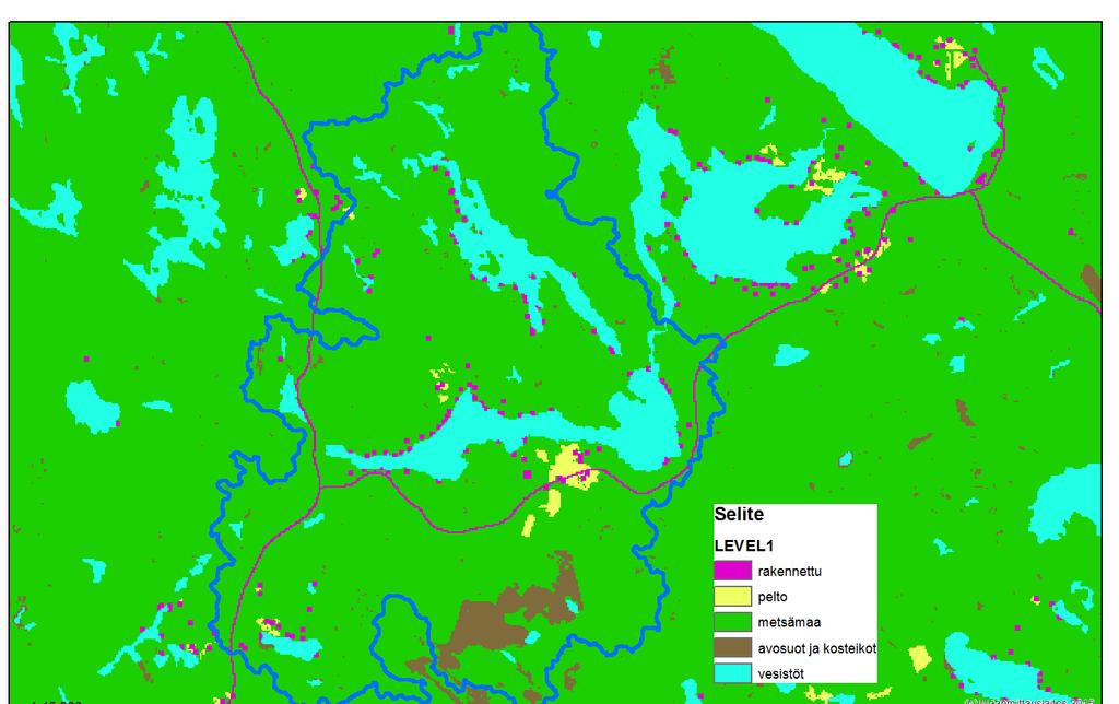 Maankäyttö SYKE:n Corine 2012- aineiston perusteella valuma-alueen pinta-alasta 82,5 % on
