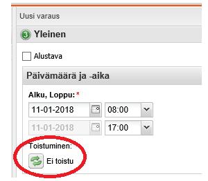 3. Yleinen, tilauksen toistuminen Klikkaa Ei toistu ikonia. Valitse alkaa ja loppuu aika tai kertojen mukaan tapahtuva määritys.