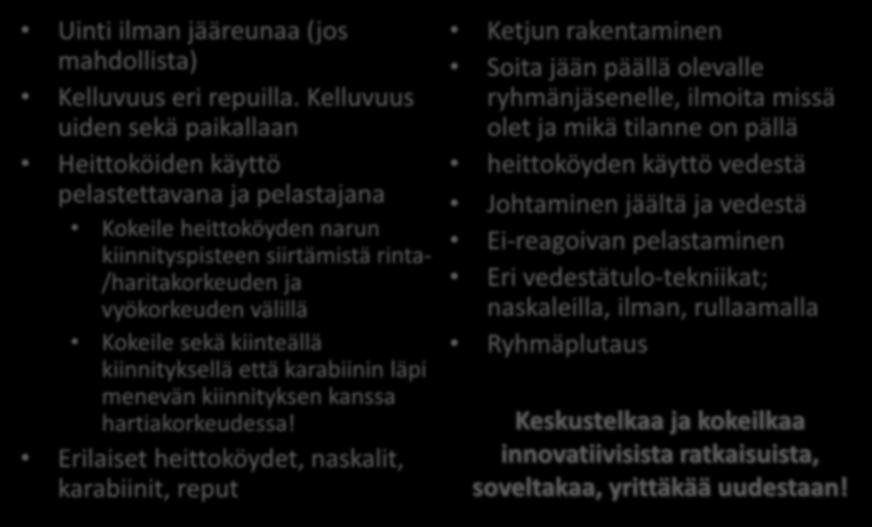 PELASTUS- JA VÄLINEHARJOITUKSET KOKEILE AINAKIN NÄITÄ: Uinti ilman jääreunaa (jos mahdollista) Kelluvuus eri repuilla.