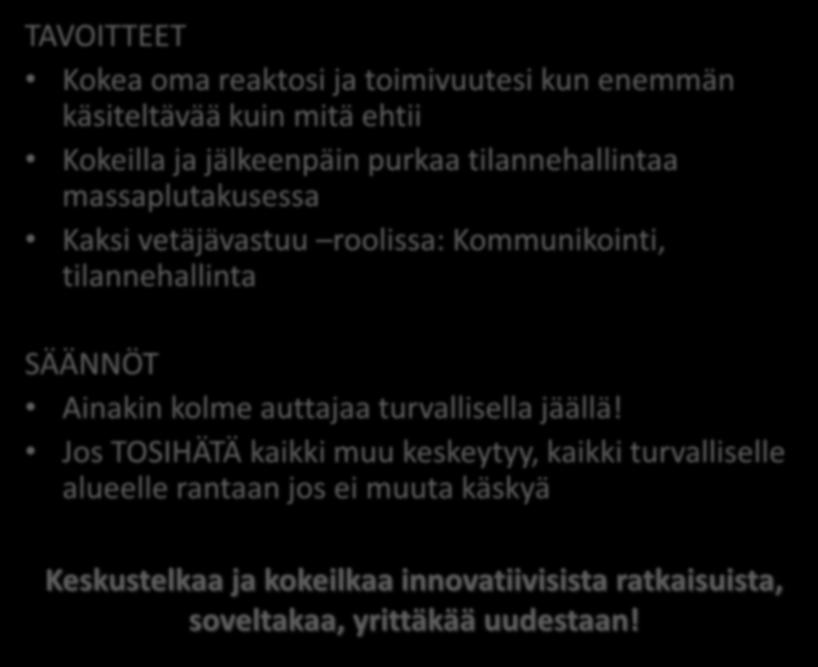 MASSAPLUTAUS TAVOITTEET Kokea oma reaktosi ja toimivuutesi kun enemmän käsiteltävää kuin mitä ehtii Kokeilla ja jälkeenpäin purkaa tilannehallintaa massaplutakusessa Kaksi vetäjävastuu roolissa: