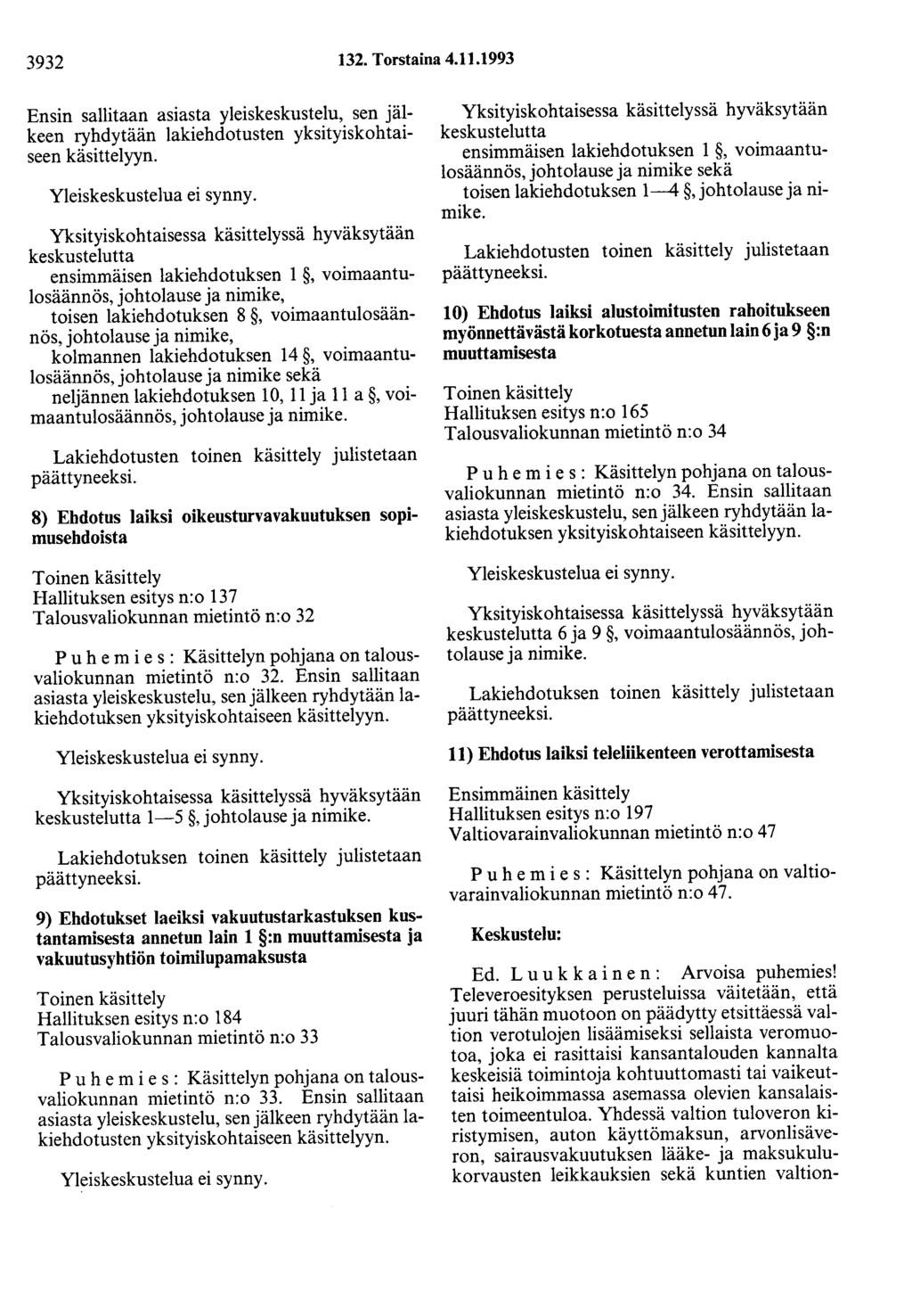 3932 132. Torstaina 4.11.1993 Ensin sallitaan asiasta yleiskeskustelu, sen jälkeen ryhdytään lakiehdotusten yksityiskohtaiseen käsittelyyn. Yleiskeskustelua ei synny.