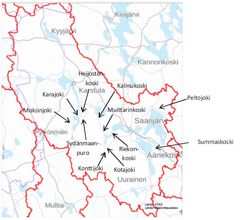 3. Vesistöreittikohtaiset tulokset ja tarkastelut 3.1. Saarijärven reitti 14.6 3.1.1. Kutualueet ja taimenkantojen tila Saarijärven reitin (Kuva 3) suurin järvi on Pyhäjärvi, mutta pääreitti virtaa sen ohi (Kuva 4).