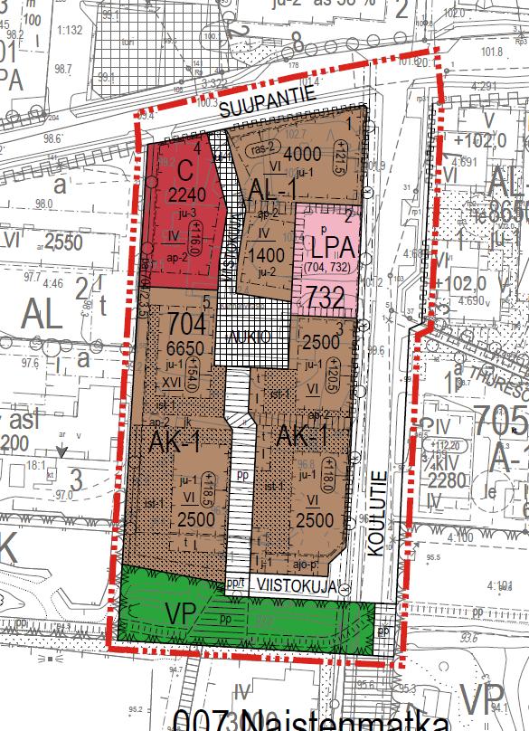 Tontti Käyttötarkoitus k-m2 704-5 AK-1 asuminen 9150 732-3 AK-1 5000 732-1 AL-1