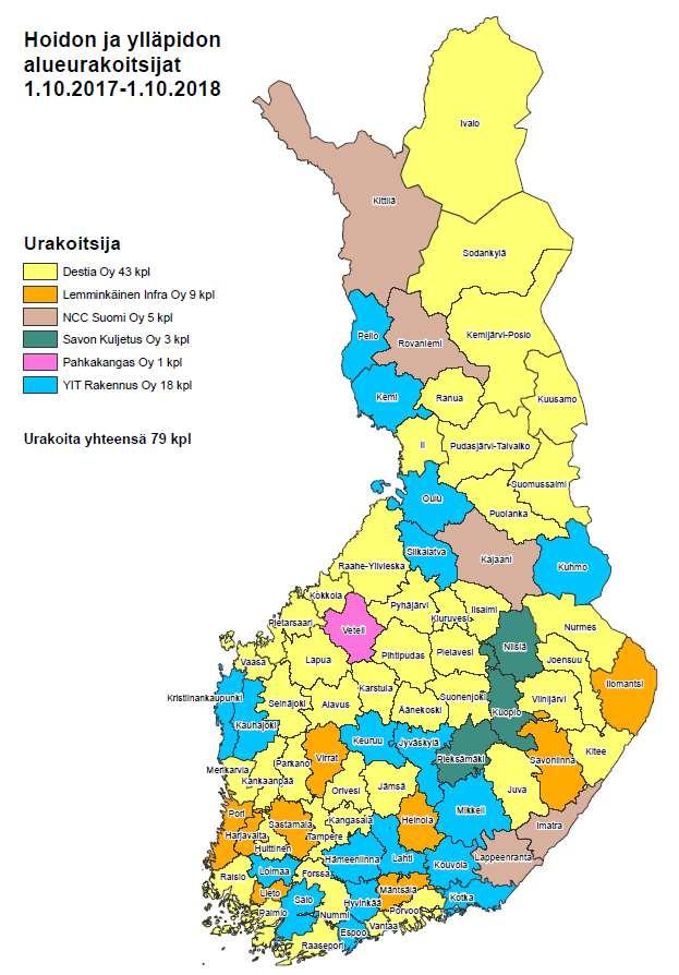 KUVA 1. Hoidon ja ylläpidon alueurakoitsijat (3) Alueurakoitsija vastaa maanteiden hoidosta Liikenneviraston määrittelemän palvelutason mukaisesti.
