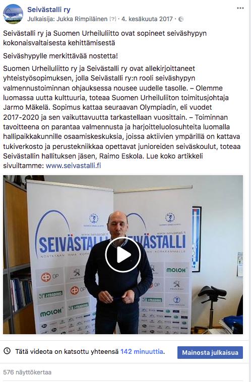 Seivästalli ry:n toimintakertomus 2017 sivu 7 Seiväshyppy painopistelajiksi Seivästallin rooli osana tulevaisuutta Tämä on kolmas iso muutos suomalaisessa urheiluhistoriassa toteaa Jarmo Mäkelä.