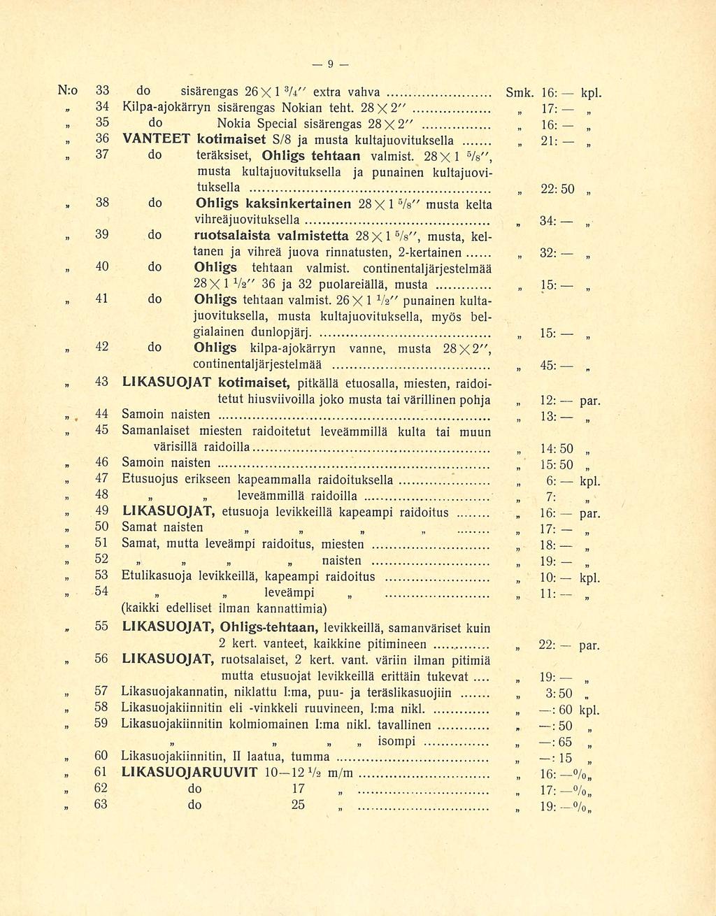 16: :5 N:o 33 do sisärengas 26 X 1 3/i" extra vahva Smk. 16; kpl, 34 Kilpa-ajokärryn sisärengas Nokian teht.