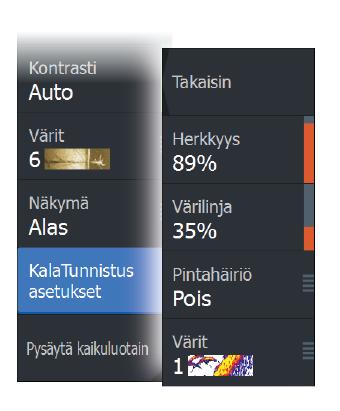 FishReveal-asetukset Herkkyys Hallitsee DownScan-kuvan FishReveal-tietojen herkkyyttä. Suurella herkkyysarvolla näytössä näkyy paljon lisätietoja. Pienemmällä herkkyysarvolla tietoja näkyy vähemmän.