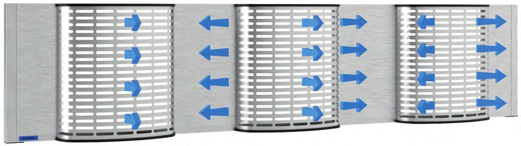 JEVEN Keittiöilmanvaihtolaitteet SIVU 5 TULOILMAN PUHALLUSKUVION SÄÄTÖ Tuloilman puhalluskuviota muutetaan siirtämällä tuloilmayksiköiden etulevyjen sisällä olevia pystysuoria ilmaohjauslevyjä.