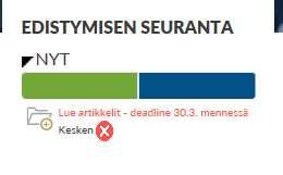 Edistymisen seuranta opiskelijan näkökulmasta Opiskelija näkee Edistymisen seuranta lohkosta värikoodein edistymisensä vihreä = tehty sininen =