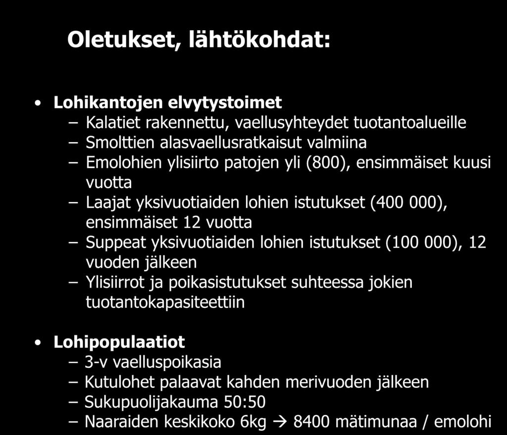 ensimmäiset 12 vuotta Suppeat yksivuotiaiden lohien istutukset (100 000), 12 vuoden jälkeen Ylisiirrot ja poikasistutukset suhteessa jokien