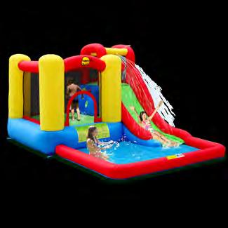 ULKOLEIKKIVÄLINEET happyhop -pomppulinna jump & splash Pomppulinna jump & splash liukumäellä ja kirkkaine väreineen tarjoaa lapsille tuntikausiksi virikkeellistä leikkiä, joka kehittää monipuolisesti