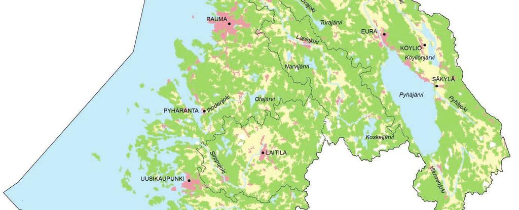 Vain noin 1 % Sirppujoen valuma-alueesta on rakennettua aluetta. (Vänskä 2012.