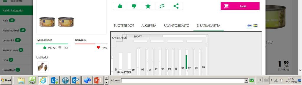 Myymälän sisäkartta missä hyllyvälissä tuote on?