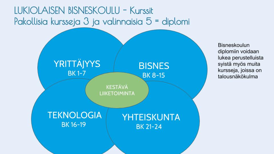 BK 8 Markkinointi ja johtaminen BK 9 Business English BK 10 Affärssvenska BK 11 Kansainväliset liiketoimintaympäristöt (vain linjalaisille) BK 12 Shoppailun psykologiaa BK 15 Kestävän liiketoiminnan