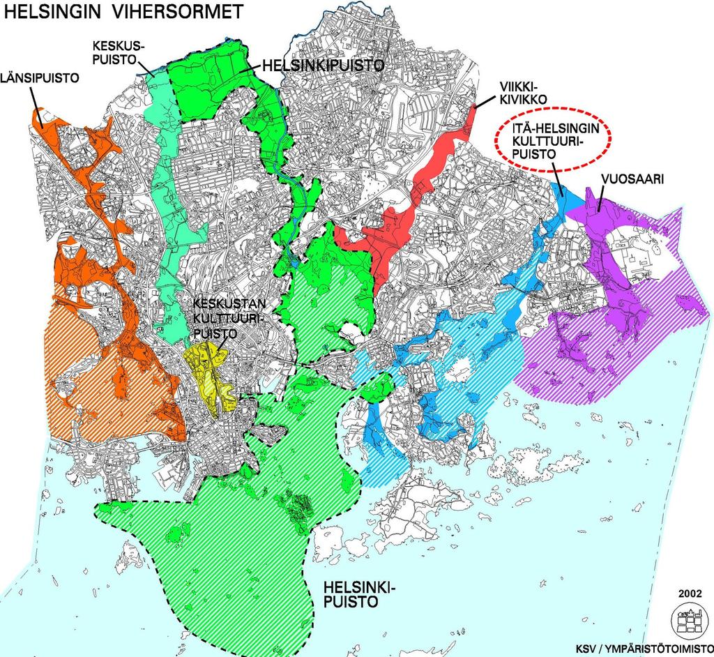 21 (42) Akp/1 Yleiskaavoitustilanne Itä-Helsingin kulttuuripuistolle ei ole Helsingin yleiskaavassa 2002 määritelty sitovaa rajausta.