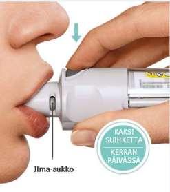 Hengitä suun kautta sisään hitaasti ja syvään ja PAINA samalla annoksenvapautuspainiketta. Jatka sisäänhengitystä hitaasti niin pitkään kuin pystyt.